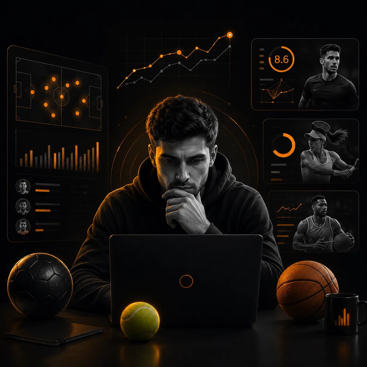 Sports analyst studying player statistics on a laptop