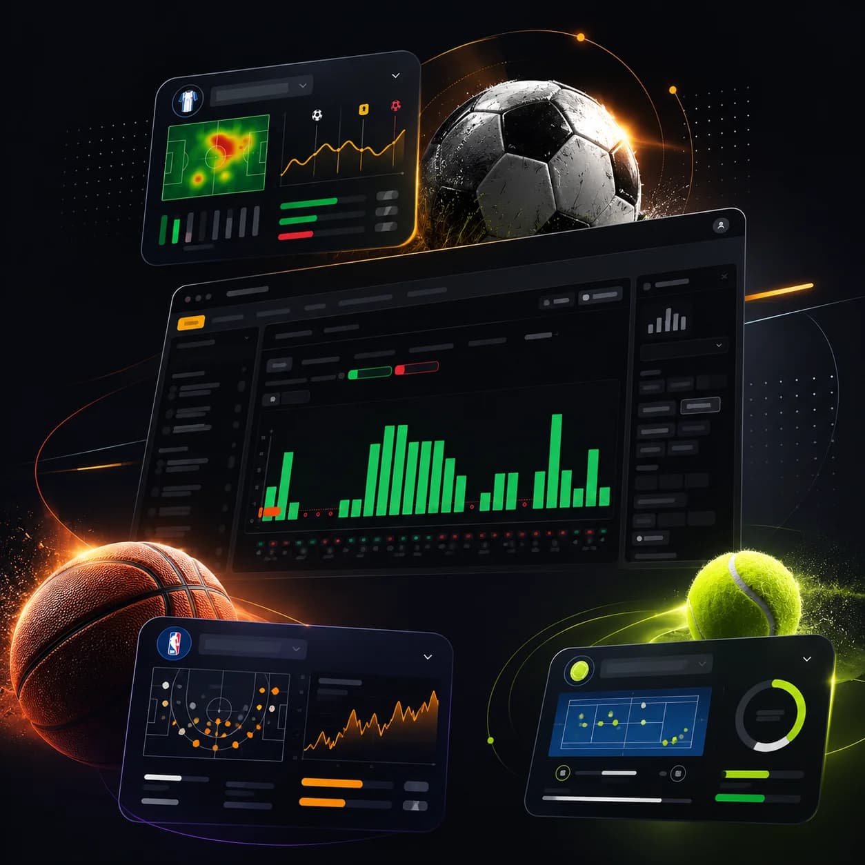 Collage of Pickny analytics dashboards surrounded by footballs and tennis balls